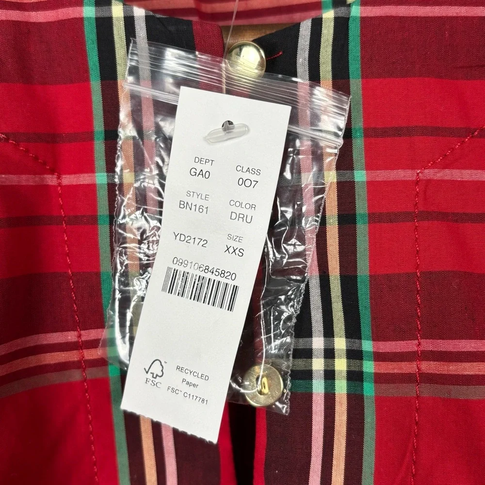 J. Crew Top Womens XXS Red Puff Sleeve Poplin Blouse Good Tidings Plaid‎ Cotton